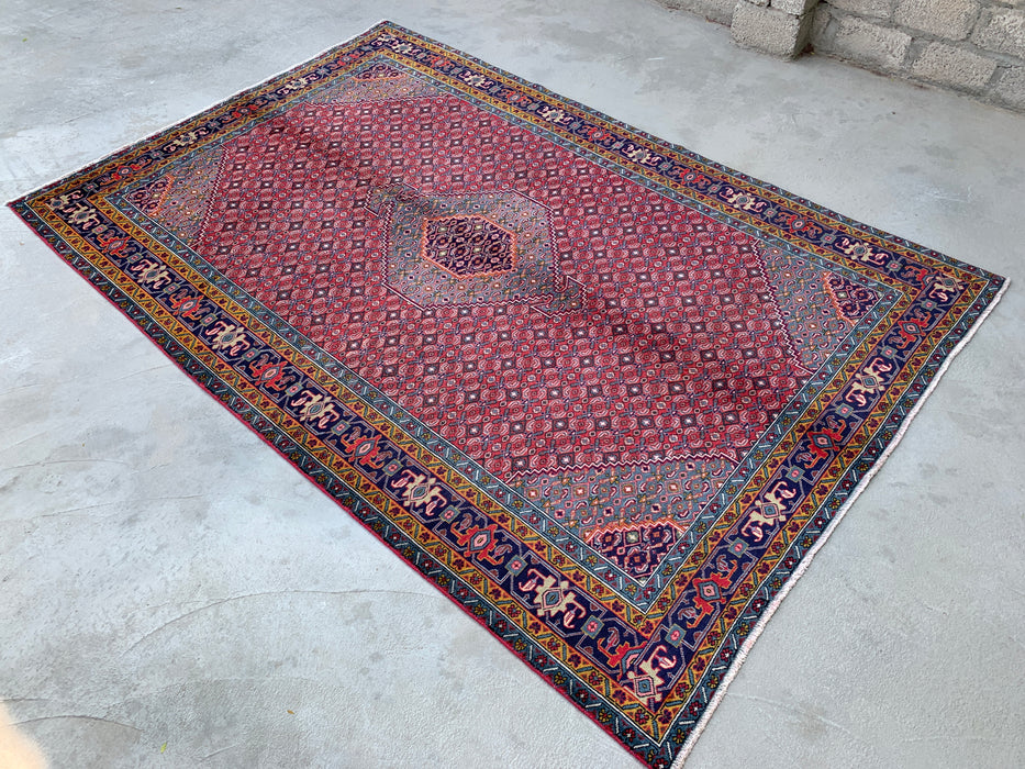 Handmade Persian Wool Area Rug 7x10 - Red, Blue & Ivory Vintage Medallion Persian Style Rug - Exact Size 9'5" x 6'3" - KBHM-733