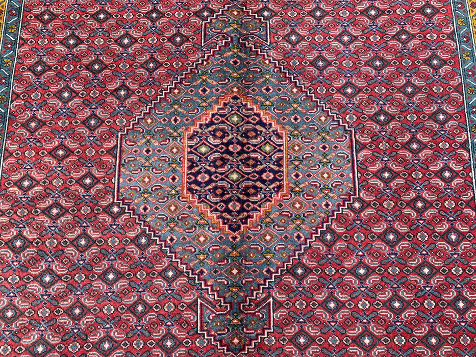 Handmade Persian Wool Area Rug 7x10 - Red, Blue & Ivory Vintage Medallion Persian Style Rug - Exact Size 9'5" x 6'3" - KBHM-733