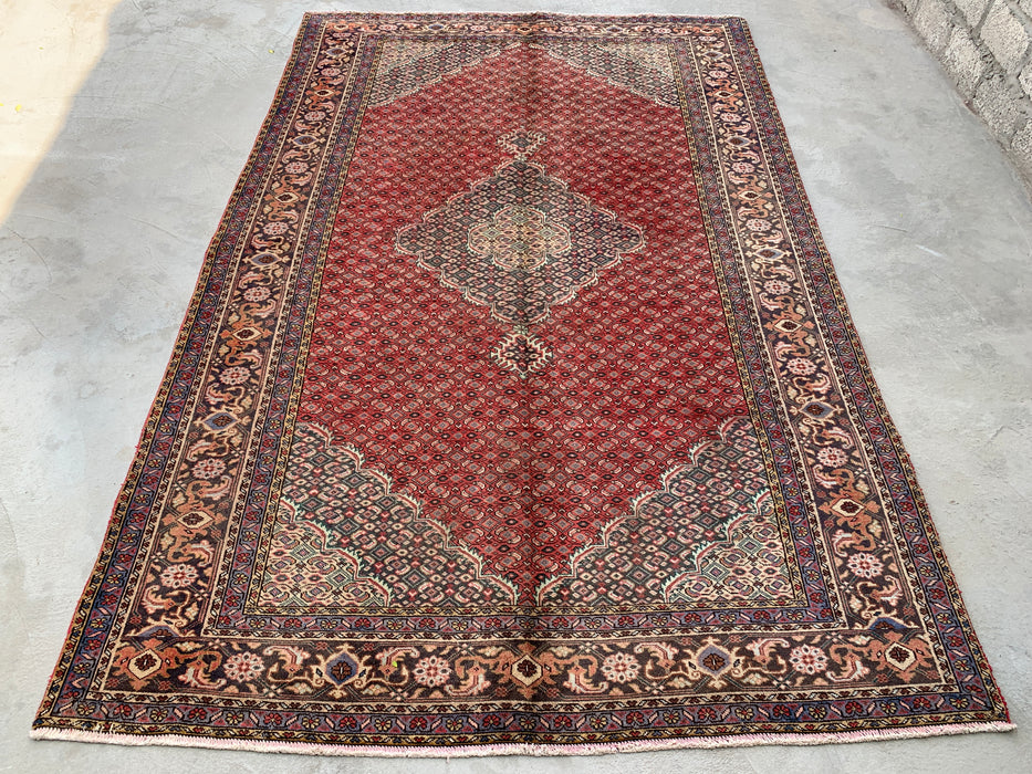 Handmade Persian Wool Area Rug 7x10 - Red, Navy & Ivory Vintage Medallion Persian Style Rug - Exact Size 9'10" x 6'4" - KBHM-734