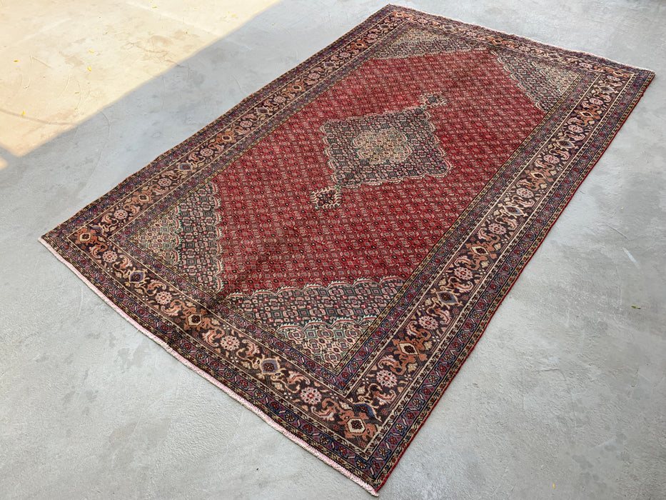 Handmade Persian Wool Area Rug 7x10 - Red, Navy & Ivory Vintage Medallion Persian Style Rug - Exact Size 9'10" x 6'4" - KBHM-734