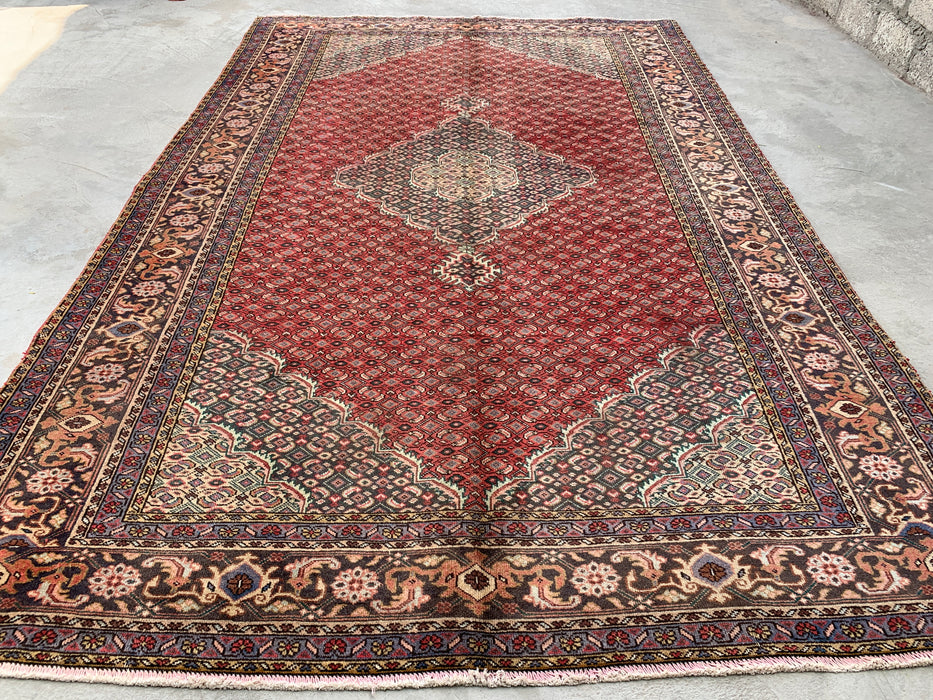 Handmade Persian Wool Area Rug 7x10 - Red, Navy & Ivory Vintage Medallion Persian Style Rug - Exact Size 9'10" x 6'4" - KBHM-734
