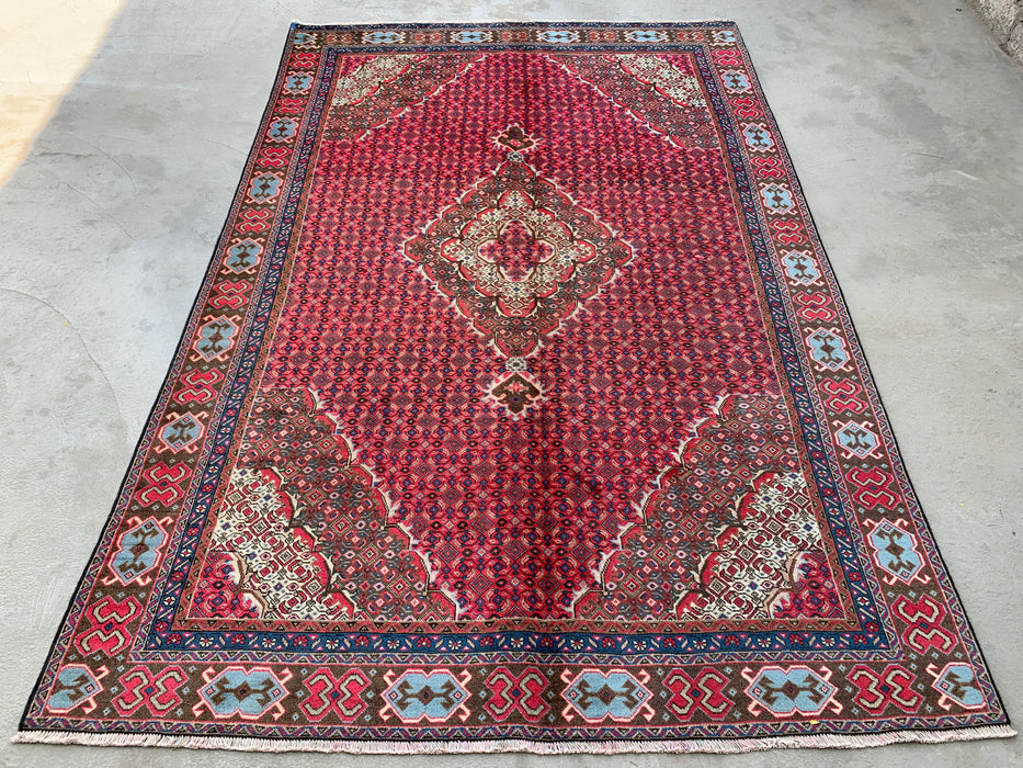 Handmade Persian Wool Area Rug 7x10 - Red, Brown & Ivory Vintage Medallion Persian Style Rug - Exact Size 9'2" x 6'0" - KBHM-735