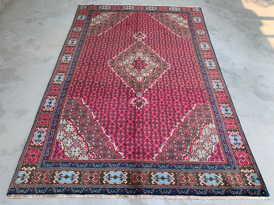 Handmade Persian Wool Area Rug 7x10 - Red, Brown & Ivory Vintage Medallion Persian Style Rug - Exact Size 9'2" x 6'0" - KBHM-735