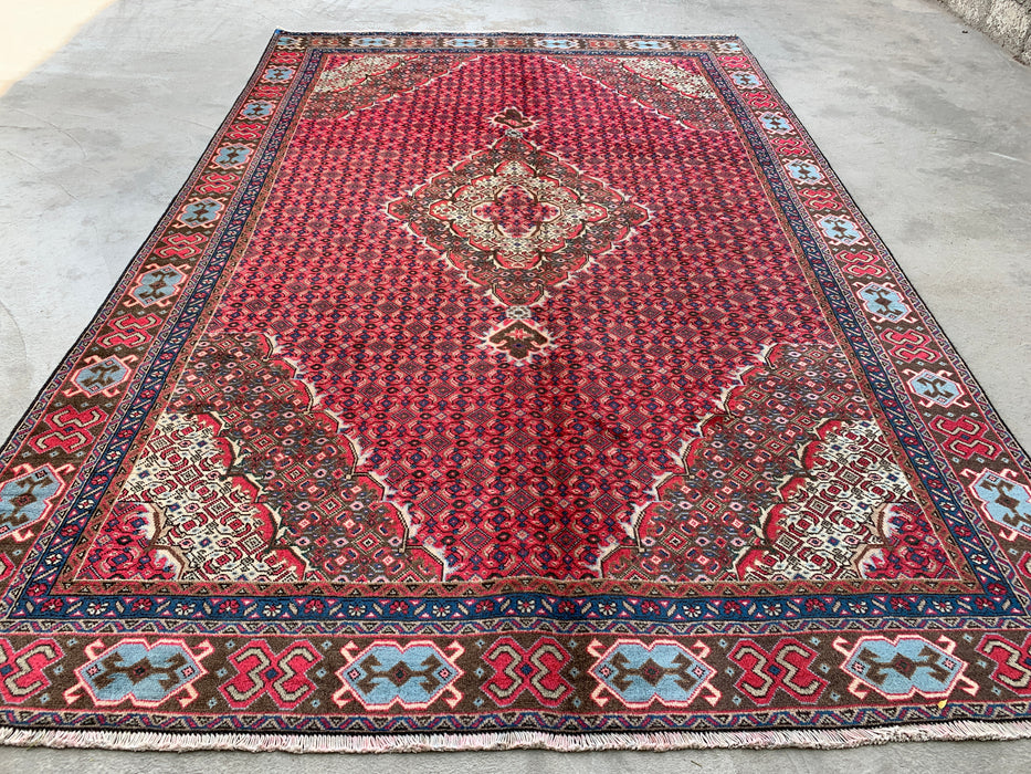 Handmade Persian Wool Area Rug 7x10 - Red, Brown & Ivory Vintage Medallion Persian Style Rug - Exact Size 9'2" x 6'0" - KBHM-735