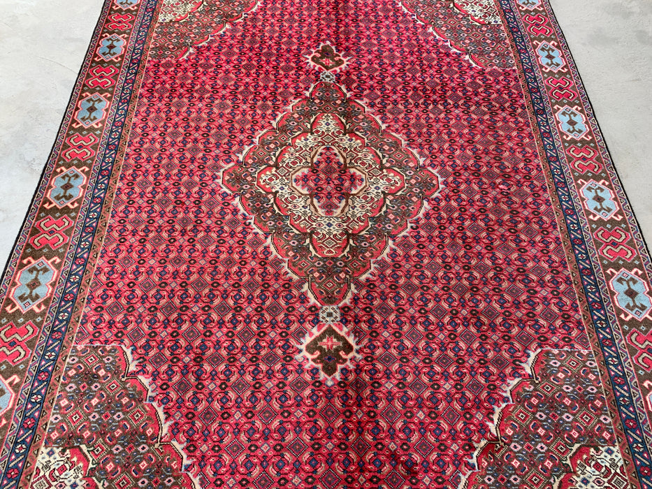 Handmade Persian Wool Area Rug 7x10 - Red, Brown & Ivory Vintage Medallion Persian Style Rug - Exact Size 9'2" x 6'0" - KBHM-735
