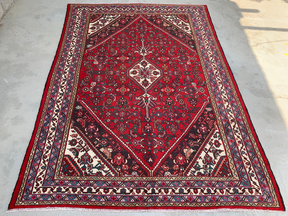 Handmade Persian Wool Area Rug 7x10 - Red, Ivory & Navy Tribal Medallion Persian Style Rug - Exact Size 9'10" x 6'11" - KBHM-737