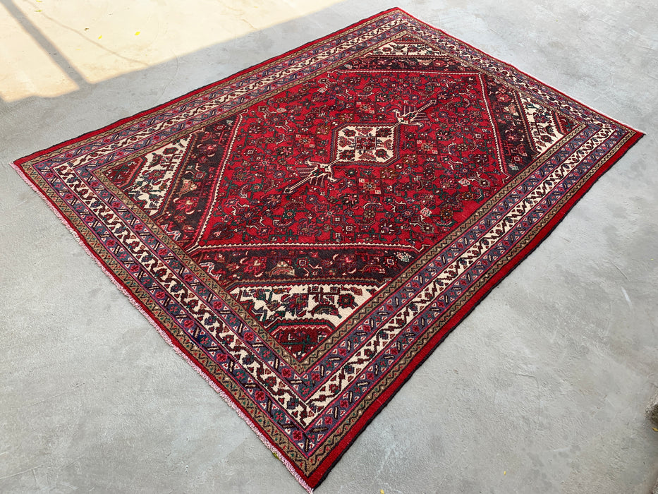 Handmade Persian Wool Area Rug 7x10 - Red, Ivory & Navy Tribal Medallion Persian Style Rug - Exact Size 9'10" x 6'11" - KBHM-737