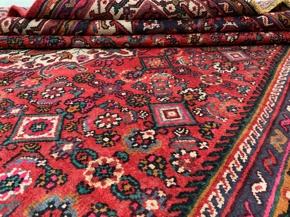 Handmade Persian Wool Area Rug 7x10 - Red, Navy & Ivory Floral Medallion Persian Style Rug - Exact Size 9'10" x 6'10" - KBHM-739
