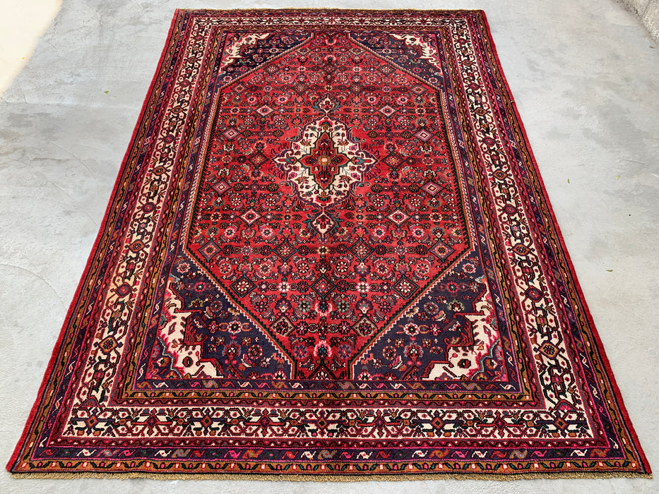 Handmade Persian Wool Area Rug 7x10 - Red, Navy & Ivory Floral Medallion Persian Style Rug - Exact Size 9'10" x 6'10" - KBHM-739