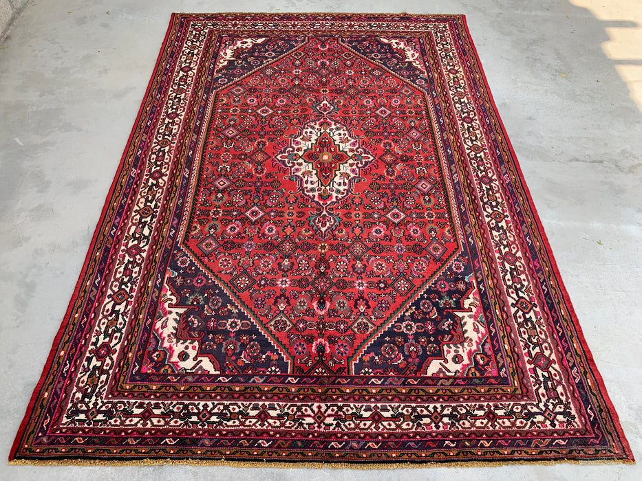 Handmade Persian Wool Area Rug 7x10 - Red, Navy & Ivory Floral Medallion Persian Style Rug - Exact Size 9'10" x 6'10" - KBHM-739