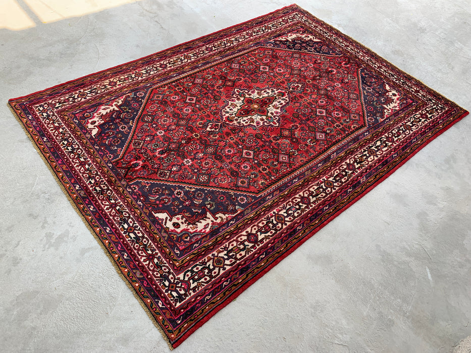 Handmade Persian Wool Area Rug 7x10 - Red, Navy & Ivory Floral Medallion Persian Style Rug - Exact Size 9'10" x 6'10" - KBHM-739
