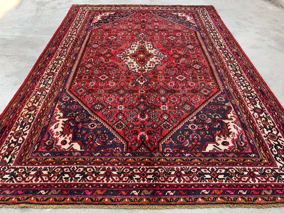Handmade Persian Wool Area Rug 7x10 - Red, Navy & Ivory Floral Medallion Persian Style Rug - Exact Size 9'10" x 6'10" - KBHM-739