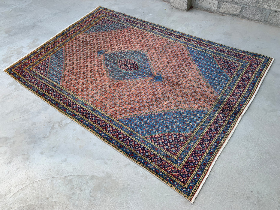 Handmade Persian Wool Area Rug 7x10 - Rose, Blue & Ivory Vintage Medallion Persian Style Rug - Exact Size 9'5" x 6'5" - KBHM-740