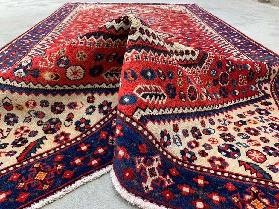 Handmade Persian Wool Area Rug 7x10 - Red, Blue & Ivory Tribal Geometric Medallion Persian Style Rug - Exact Size 9'10" x 5'4" - KBHM-741