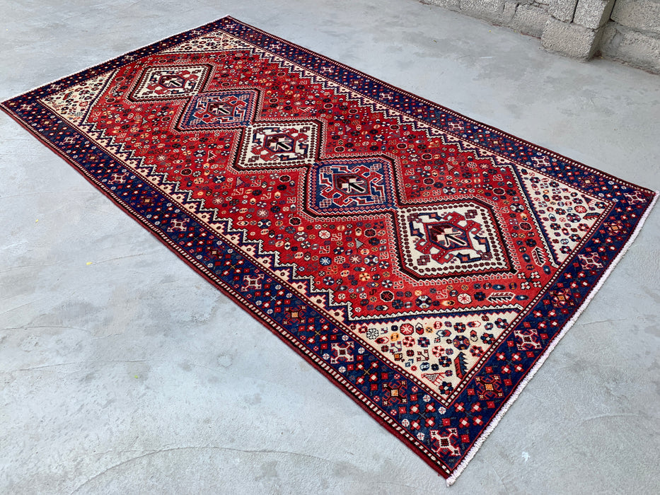 Handmade Persian Wool Area Rug 7x10 - Red, Blue & Ivory Tribal Geometric Medallion Persian Style Rug - Exact Size 9'10" x 5'4" - KBHM-741