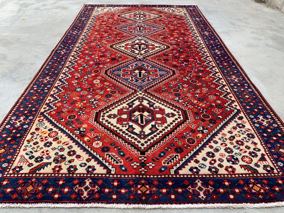 Handmade Persian Wool Area Rug 7x10 - Red, Blue & Ivory Tribal Geometric Medallion Persian Style Rug - Exact Size 9'10" x 5'4" - KBHM-741