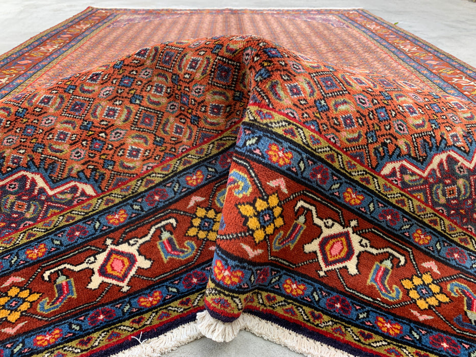 Handmade Persian Wool Area Rug 7x10 - Rose, Blue & Brown Vintage Medallion Persian Style Rug - Exact Size 9'6" x 6'6" - KBHM-742