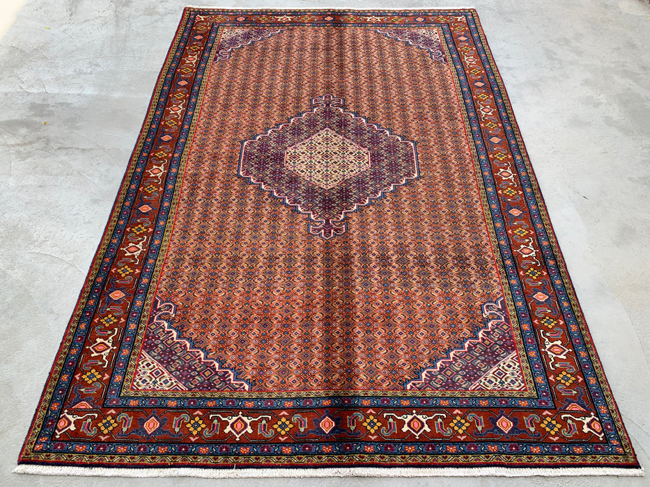 Handmade Persian Wool Area Rug 7x10 - Rose, Blue & Brown Vintage Medallion Persian Style Rug - Exact Size 9'6" x 6'6" - KBHM-742