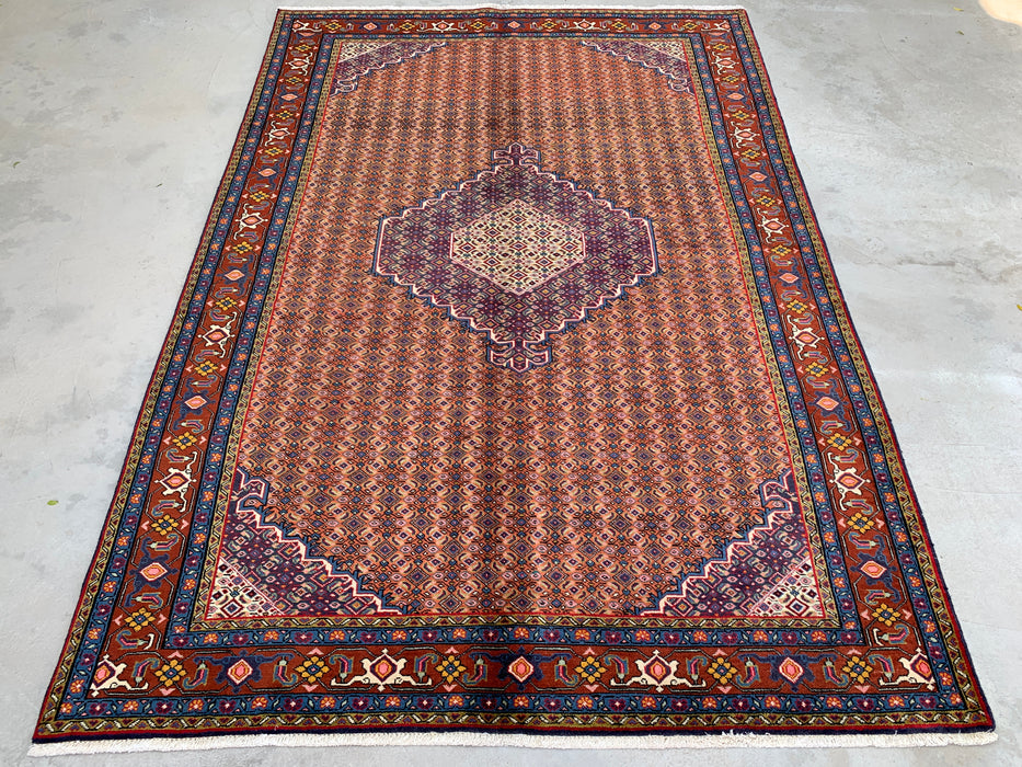 Handmade Persian Wool Area Rug 7x10 - Rose, Blue & Brown Vintage Medallion Persian Style Rug - Exact Size 9'6" x 6'6" - KBHM-742