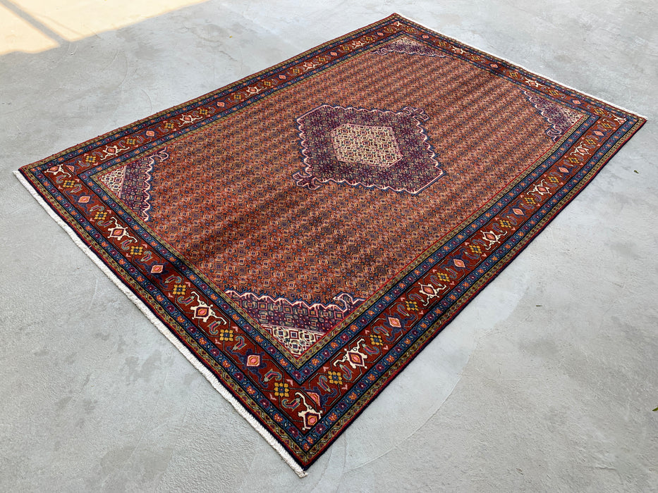 Handmade Persian Wool Area Rug 7x10 - Rose, Blue & Brown Vintage Medallion Persian Style Rug - Exact Size 9'6" x 6'6" - KBHM-742