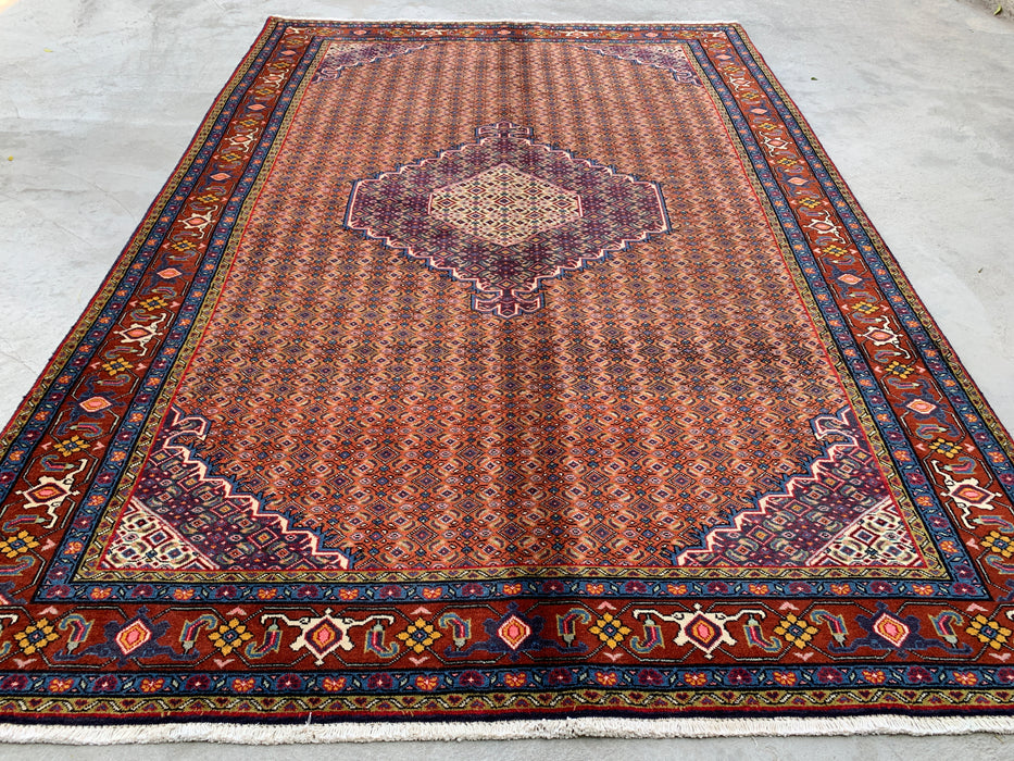 Handmade Persian Wool Area Rug 7x10 - Rose, Blue & Brown Vintage Medallion Persian Style Rug - Exact Size 9'6" x 6'6" - KBHM-742