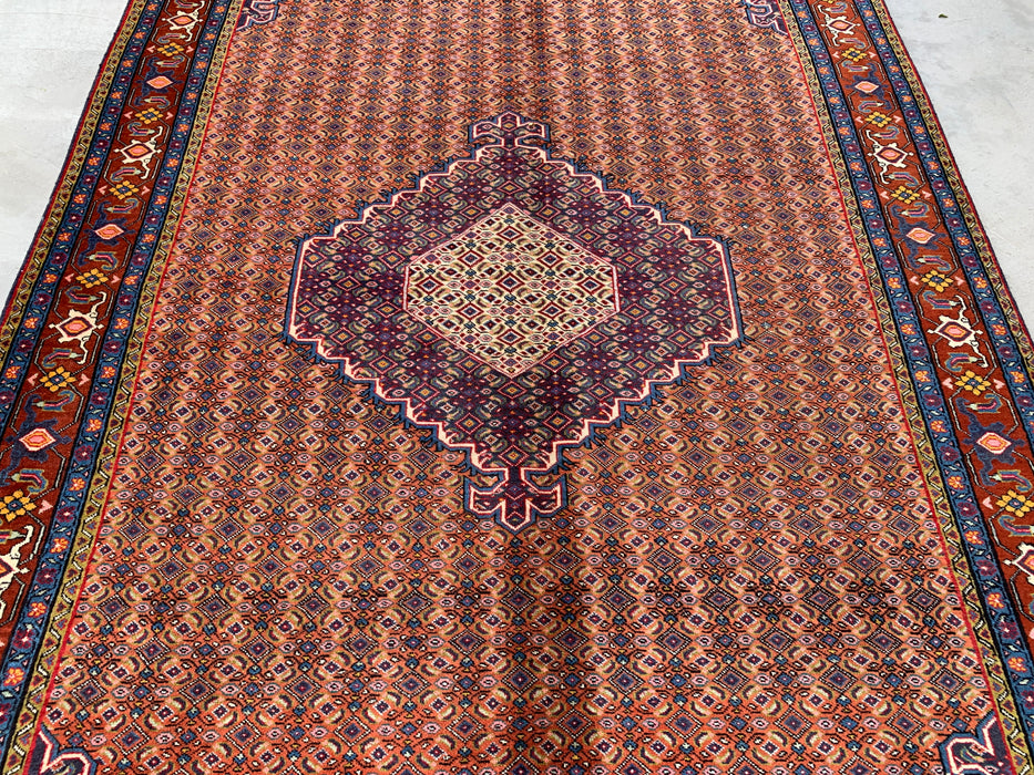 Handmade Persian Wool Area Rug 7x10 - Rose, Blue & Brown Vintage Medallion Persian Style Rug - Exact Size 9'6" x 6'6" - KBHM-742