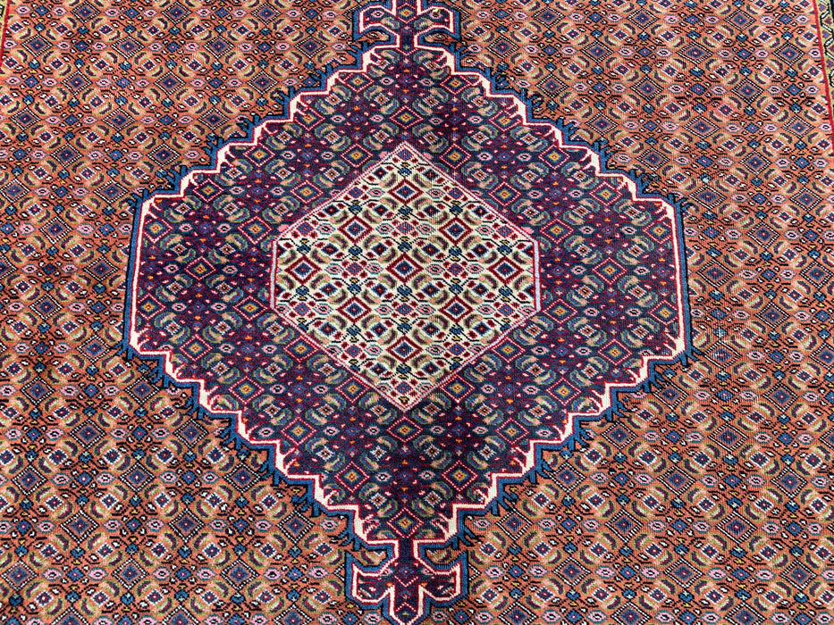 Handmade Persian Wool Area Rug 7x10 - Rose, Blue & Brown Vintage Medallion Persian Style Rug - Exact Size 9'6" x 6'6" - KBHM-742