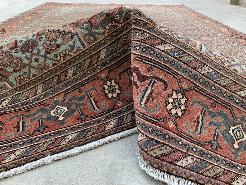 Handmade Persian Wool Area Rug 7x10 - Brown, Taupe & Soft Blue Vintage Medallion Persian Style Rug - Exact Size 10'4" x 7'0" - KBHM-743