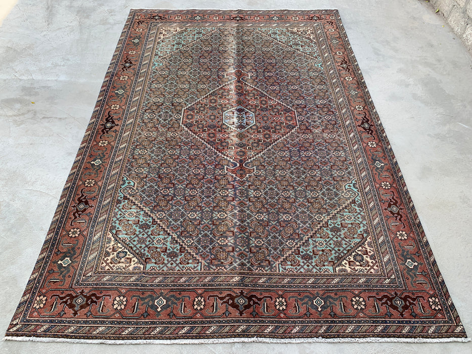 Handmade Persian Wool Area Rug 7x10 - Brown, Taupe & Soft Blue Vintage Medallion Persian Style Rug - Exact Size 10'4" x 7'0" - KBHM-743