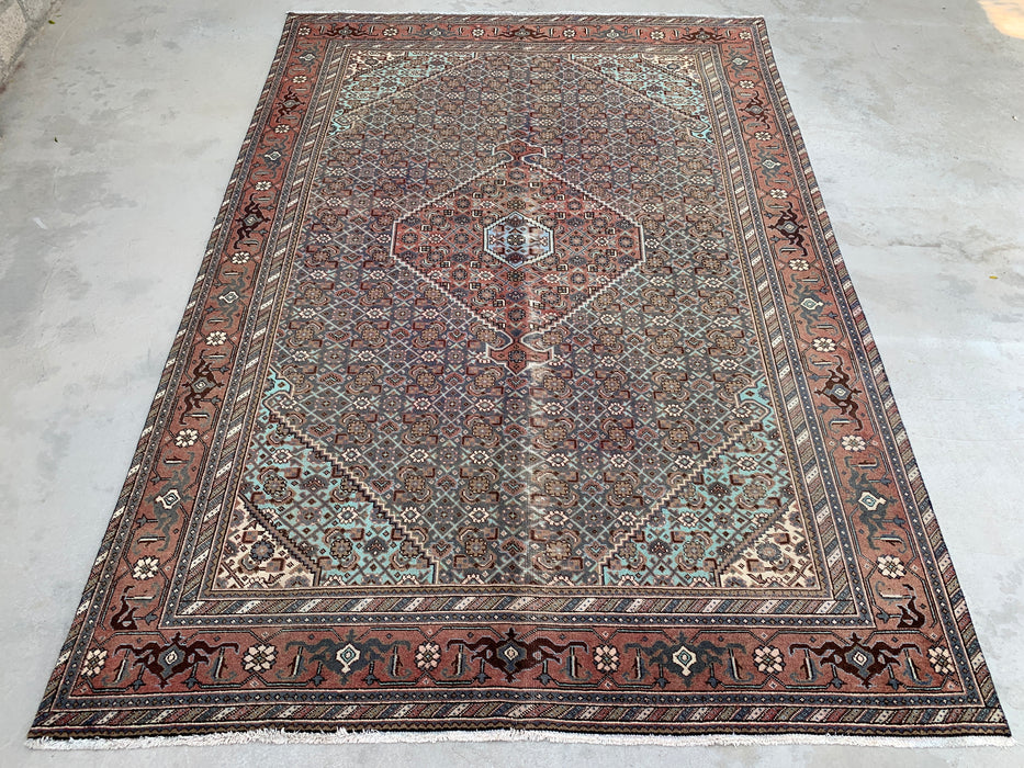Handmade Persian Wool Area Rug 7x10 - Brown, Taupe & Soft Blue Vintage Medallion Persian Style Rug - Exact Size 10'4" x 7'0" - KBHM-743