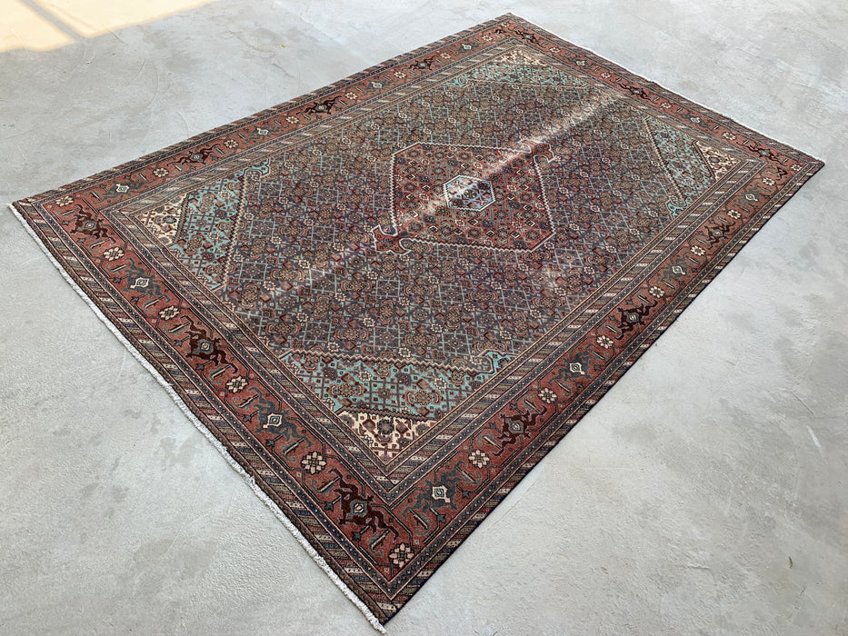 Handmade Persian Wool Area Rug 7x10 - Brown, Taupe & Soft Blue Vintage Medallion Persian Style Rug - Exact Size 10'4" x 7'0" - KBHM-743