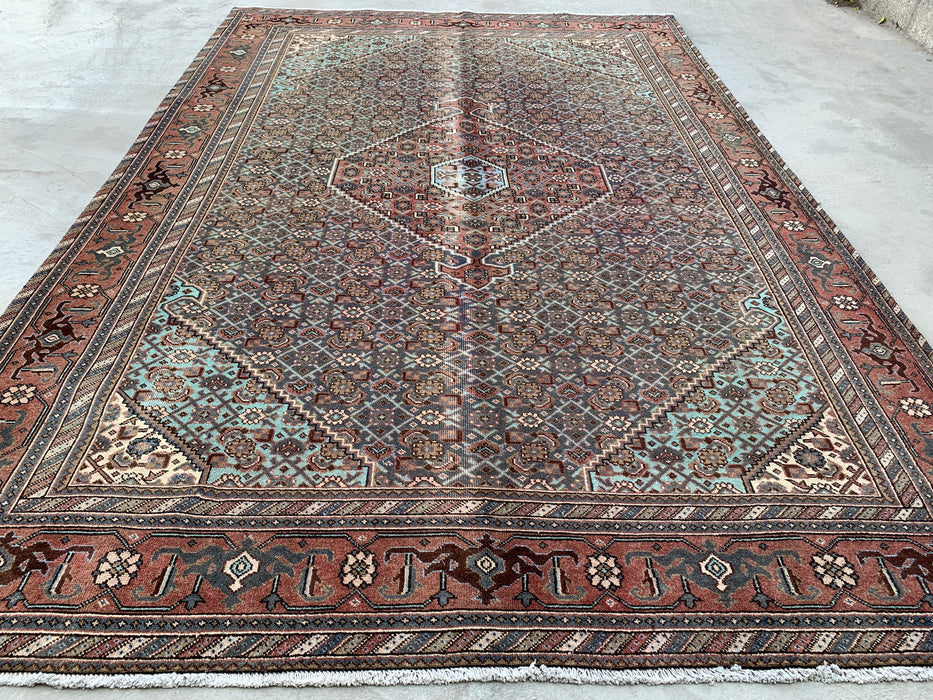 Handmade Persian Wool Area Rug 7x10 - Brown, Taupe & Soft Blue Vintage Medallion Persian Style Rug - Exact Size 10'4" x 7'0" - KBHM-743
