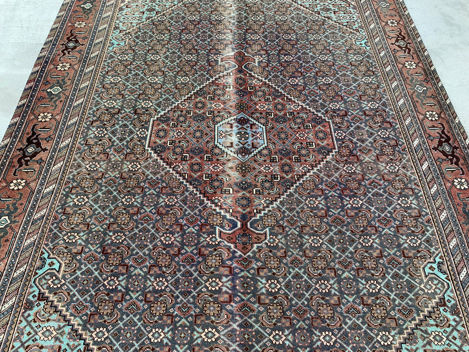 Handmade Persian Wool Area Rug 7x10 - Brown, Taupe & Soft Blue Vintage Medallion Persian Style Rug - Exact Size 10'4" x 7'0" - KBHM-743