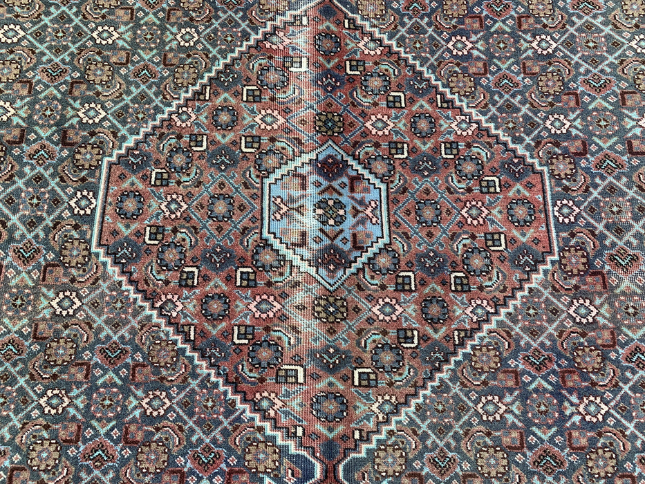 Handmade Persian Wool Area Rug 7x10 - Brown, Taupe & Soft Blue Vintage Medallion Persian Style Rug - Exact Size 10'4" x 7'0" - KBHM-743