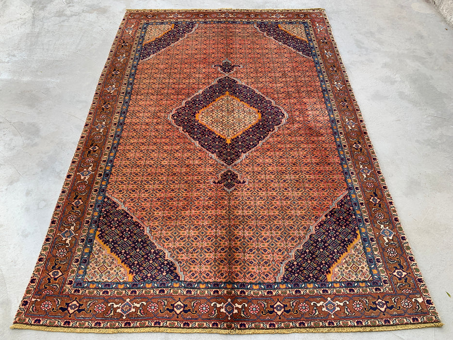 Handmade Persian Wool Area Rug 7x10 - Rose, Navy & Brown Vintage Medallion Persian Style Rug - Exact Size 8'9" x 6'9" - KBHM-744