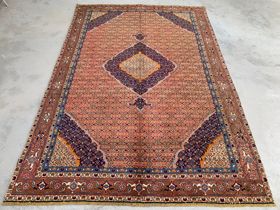 Handmade Persian Wool Area Rug 7x10 - Rose, Navy & Brown Vintage Medallion Persian Style Rug - Exact Size 8'9" x 6'9" - KBHM-744