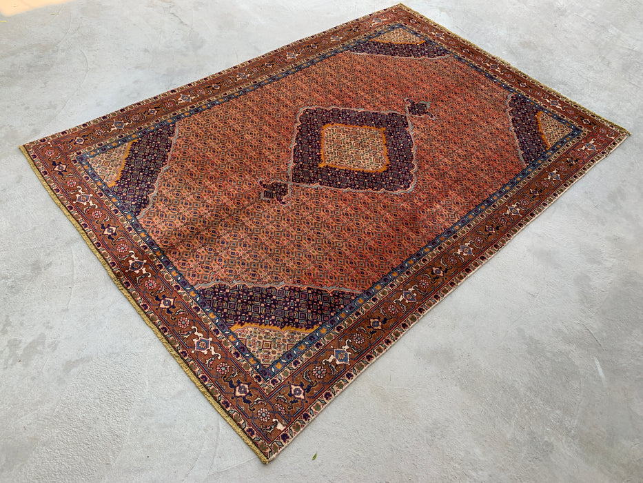 Handmade Persian Wool Area Rug 7x10 - Rose, Navy & Brown Vintage Medallion Persian Style Rug - Exact Size 8'9" x 6'9" - KBHM-744