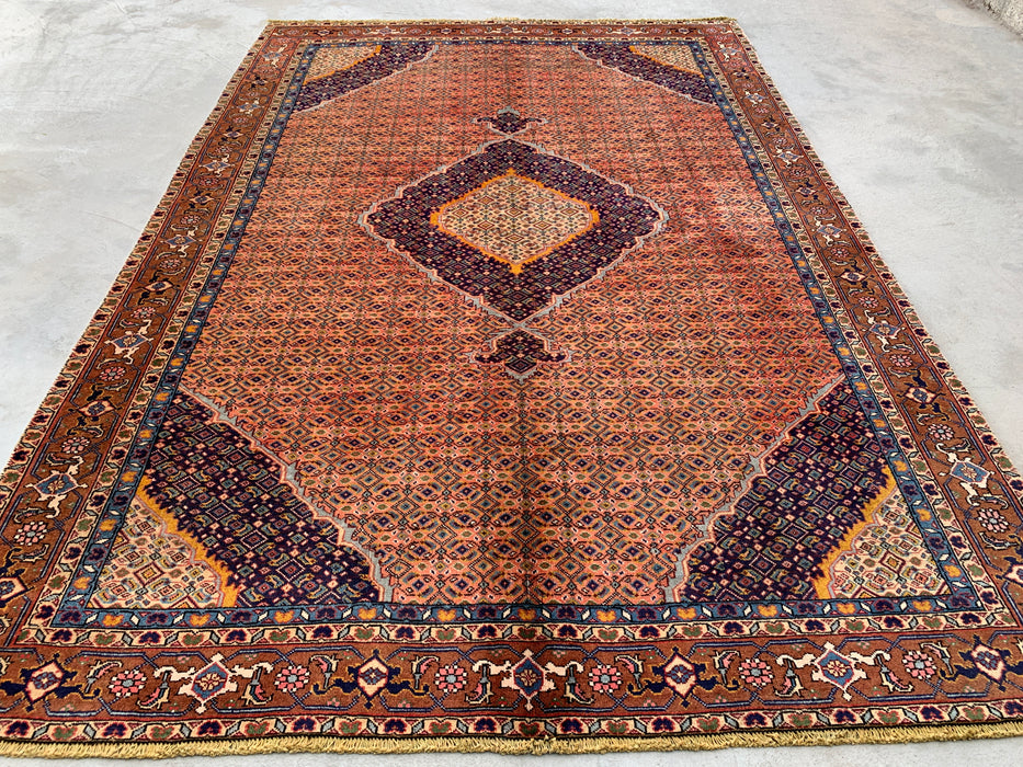 Handmade Persian Wool Area Rug 7x10 - Rose, Navy & Brown Vintage Medallion Persian Style Rug - Exact Size 8'9" x 6'9" - KBHM-744