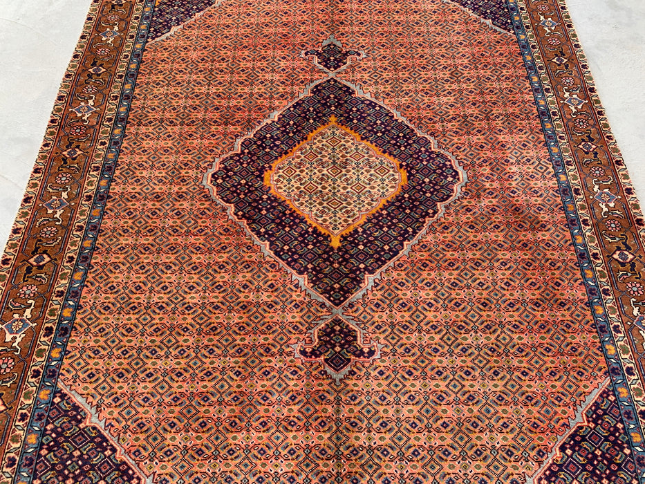 Handmade Persian Wool Area Rug 7x10 - Rose, Navy & Brown Vintage Medallion Persian Style Rug - Exact Size 8'9" x 6'9" - KBHM-744