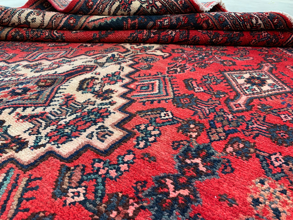 Handmade Persian Wool Area Rug 7x10 - Red, Navy & Ivory Medallion Persian Style Rug - Exact Size 9'10" x 6'8" - KBHM-745