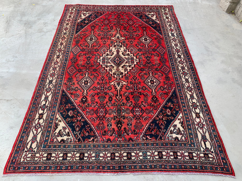 Handmade Persian Wool Area Rug 7x10 - Red, Navy & Ivory Medallion Persian Style Rug - Exact Size 9'10" x 6'8" - KBHM-745