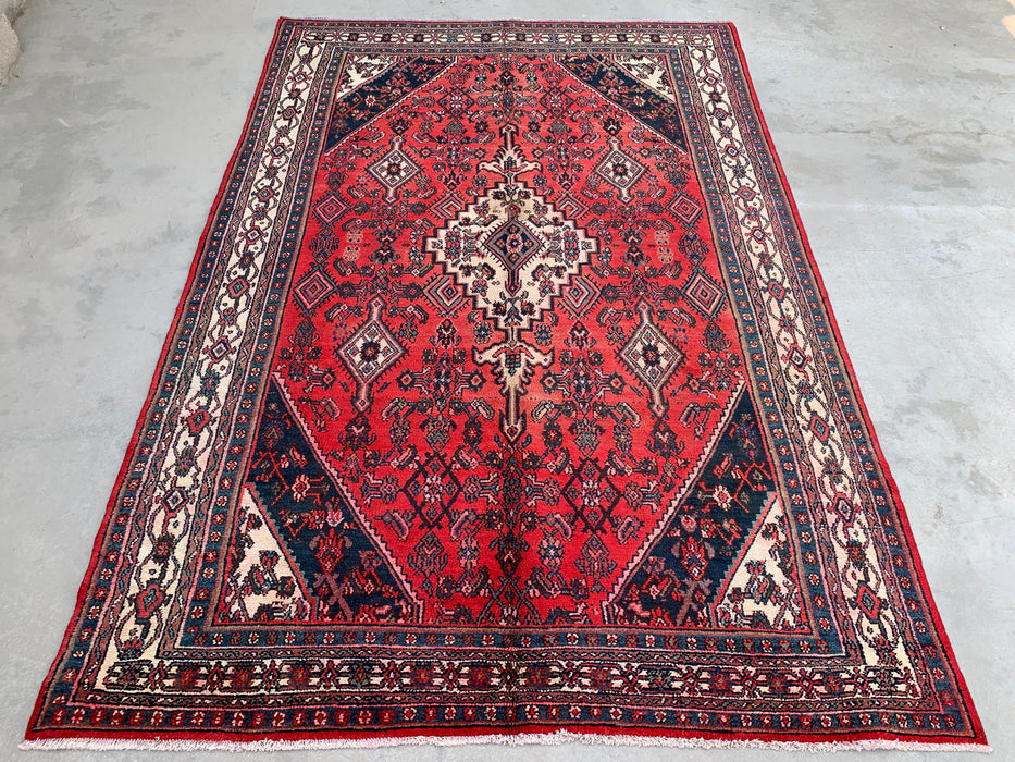 Handmade Persian Wool Area Rug 7x10 - Red, Navy & Ivory Medallion Persian Style Rug - Exact Size 9'10" x 6'8" - KBHM-745