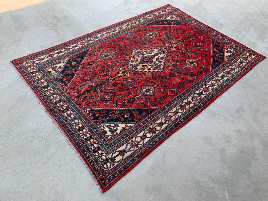 Handmade Persian Wool Area Rug 7x10 - Red, Navy & Ivory Medallion Persian Style Rug - Exact Size 9'10" x 6'8" - KBHM-745
