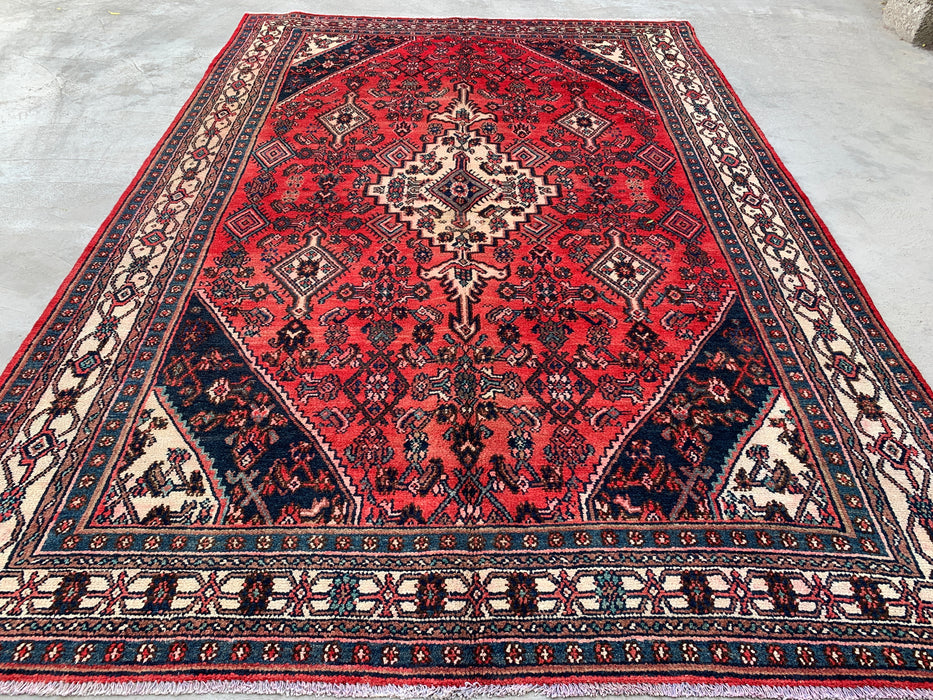 Handmade Persian Wool Area Rug 7x10 - Red, Navy & Ivory Medallion Persian Style Rug - Exact Size 9'10" x 6'8" - KBHM-745