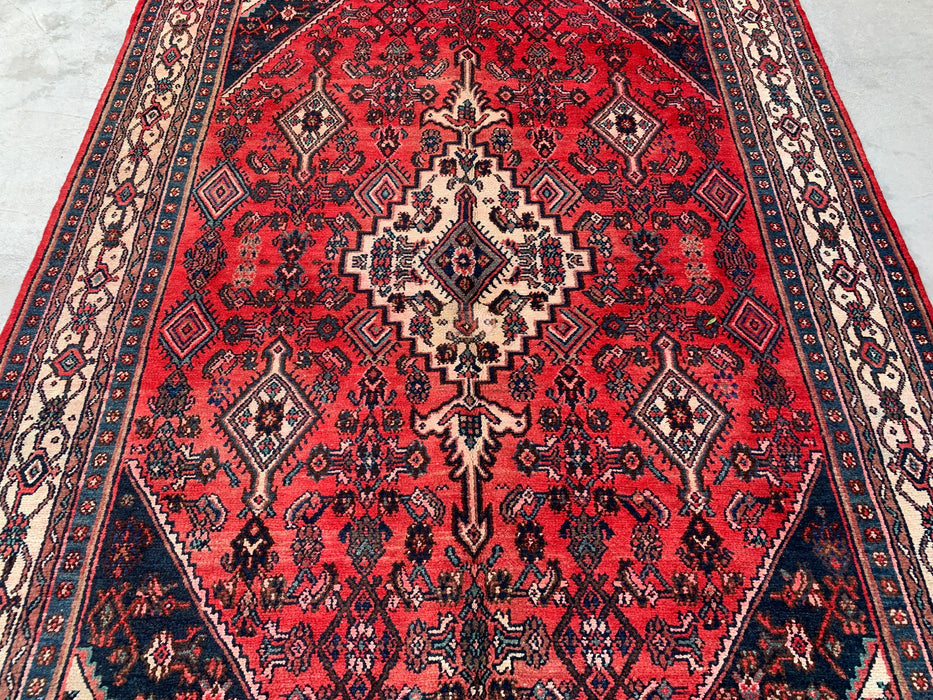 Handmade Persian Wool Area Rug 7x10 - Red, Navy & Ivory Medallion Persian Style Rug - Exact Size 9'10" x 6'8" - KBHM-745
