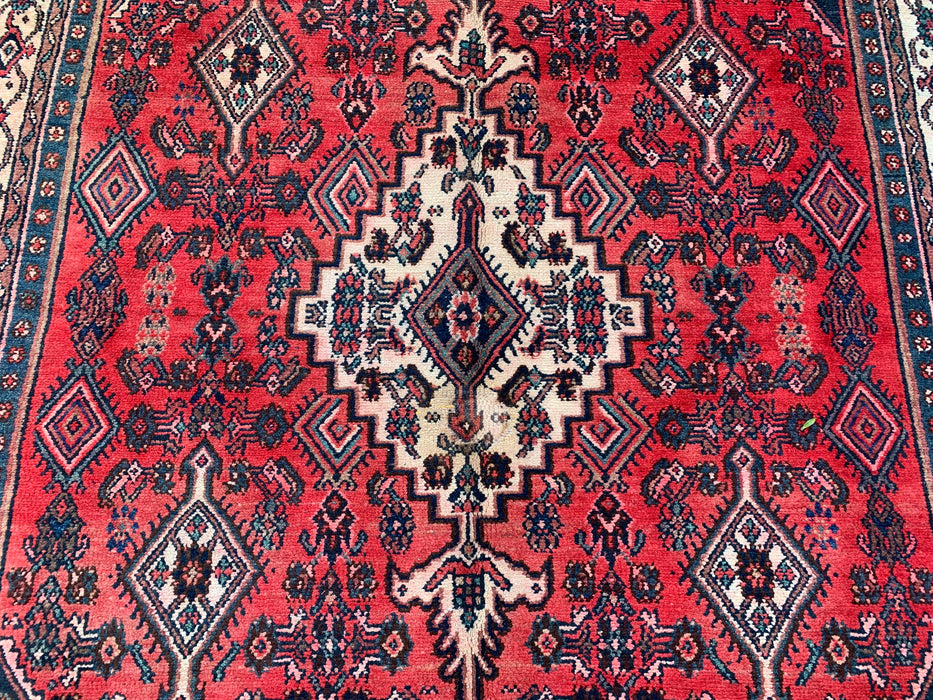 Handmade Persian Wool Area Rug 7x10 - Red, Navy & Ivory Medallion Persian Style Rug - Exact Size 9'10" x 6'8" - KBHM-745