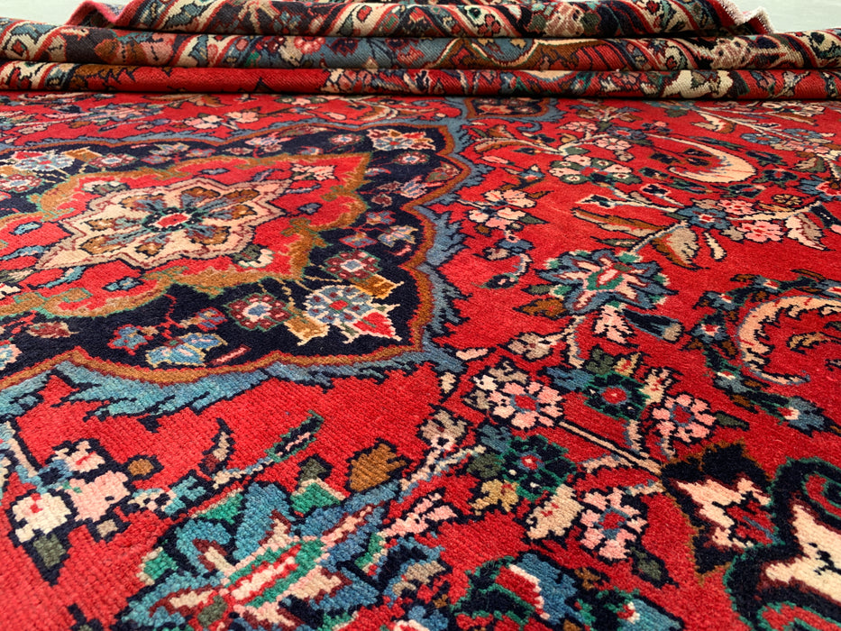 Handmade Persian Wool Area Rug 7x10 - Red, Navy & Ivory Floral Medallion Persian Style Rug - Exact Size 10'5" x 6'8" - KBHM-746