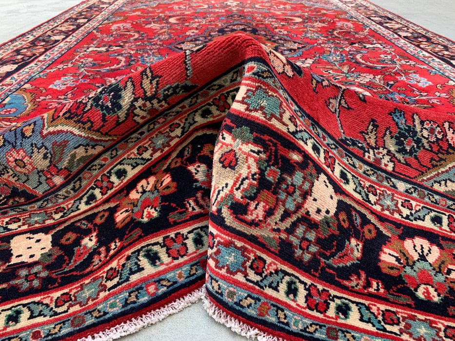 Handmade Persian Wool Area Rug 7x10 - Red, Navy & Ivory Floral Medallion Persian Style Rug - Exact Size 10'5" x 6'8" - KBHM-746