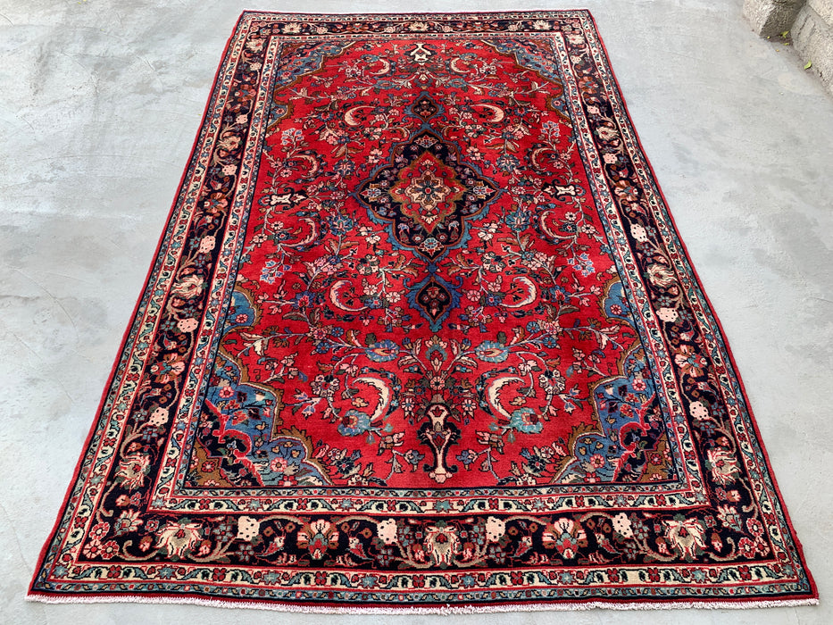 Handmade Persian Wool Area Rug 7x10 - Red, Navy & Ivory Floral Medallion Persian Style Rug - Exact Size 10'5" x 6'8" - KBHM-746