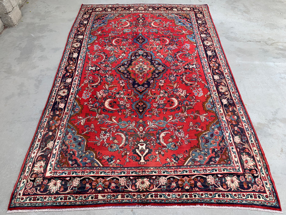 Handmade Persian Wool Area Rug 7x10 - Red, Navy & Ivory Floral Medallion Persian Style Rug - Exact Size 10'5" x 6'8" - KBHM-746